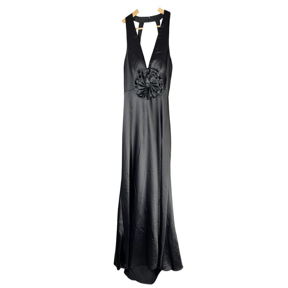 AQUA Long Satin Flower Trim Maxi Dress Black Size 12 Formal